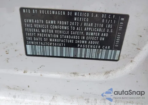 2012 Volkswagen Jetta 2.0L S z USA, uszkodzony, nr VIN 3VW2K7AJ7CM364871